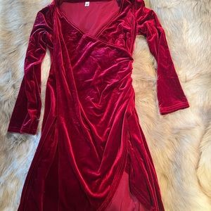Red velvet dress with gorgeous split in front.
